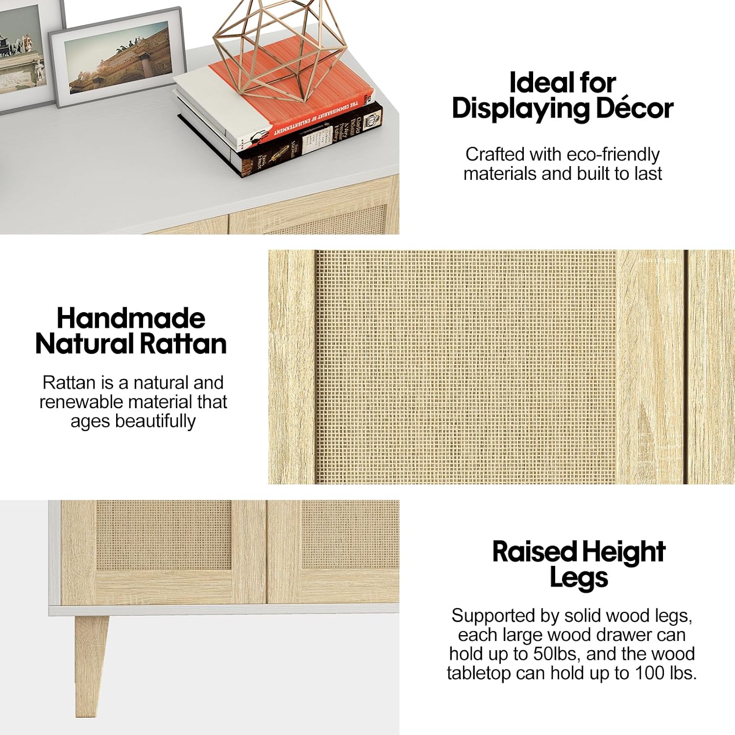 Panana Buffet Storage Cabinet with Rattan Decorating 4 Doors Living Room Kitchen Sideboard 48.43 x 34.65 x 15 inch (White)