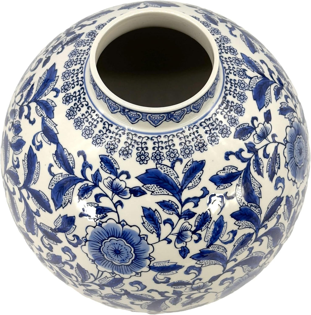 Galt International Blue & White Ceramic Floral Chinoiserie Globe Vase 12' Dia. - Round Bulb Shape Flower Vase Jar Classic Antique Home Decor