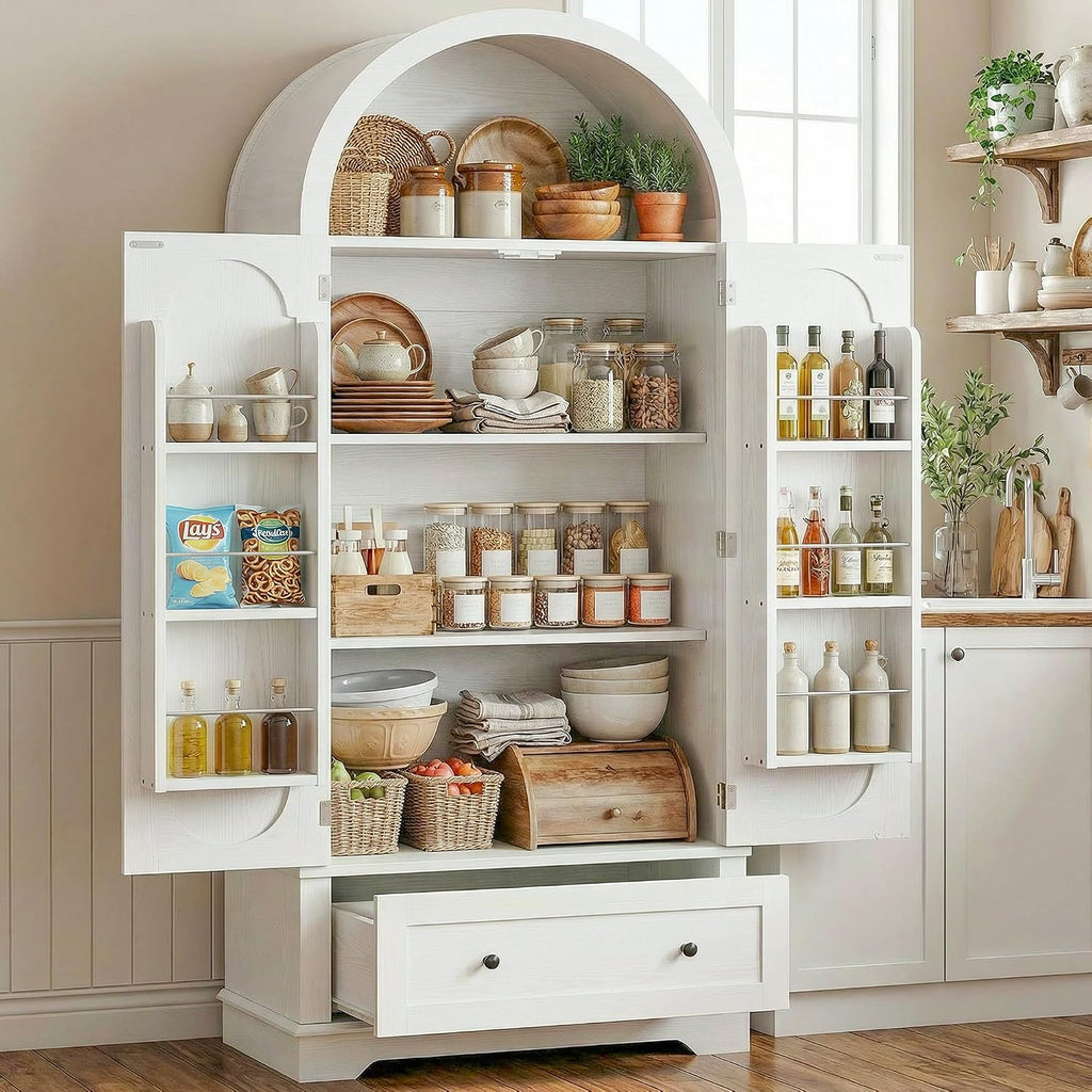 IRONCK 70.9' Tall Arched Kitchen Pantry, Kitchen Cabinet with Large Drawer, Adjustable Shelves, Arched Open Shelving, 2 Doors with Storage Shelves, Modern Versatile Cupboard for Kitchen, Dining Room