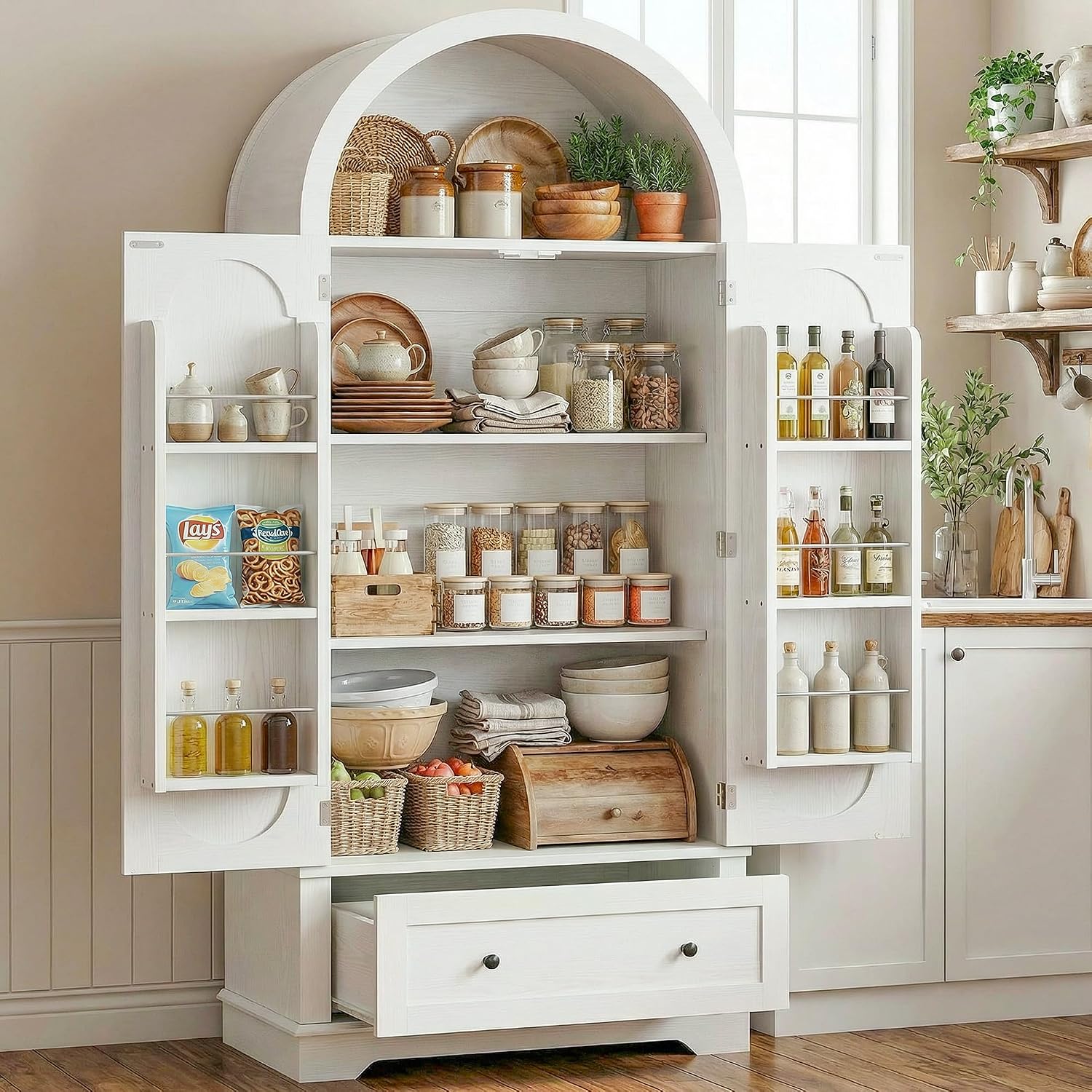 IRONCK 70.9' Tall Arched Kitchen Pantry, Kitchen Cabinet with Large Drawer, Adjustable Shelves, Arched Open Shelving, 2 Doors with Storage Shelves, Modern Versatile Cupboard for Kitchen, Dining Room