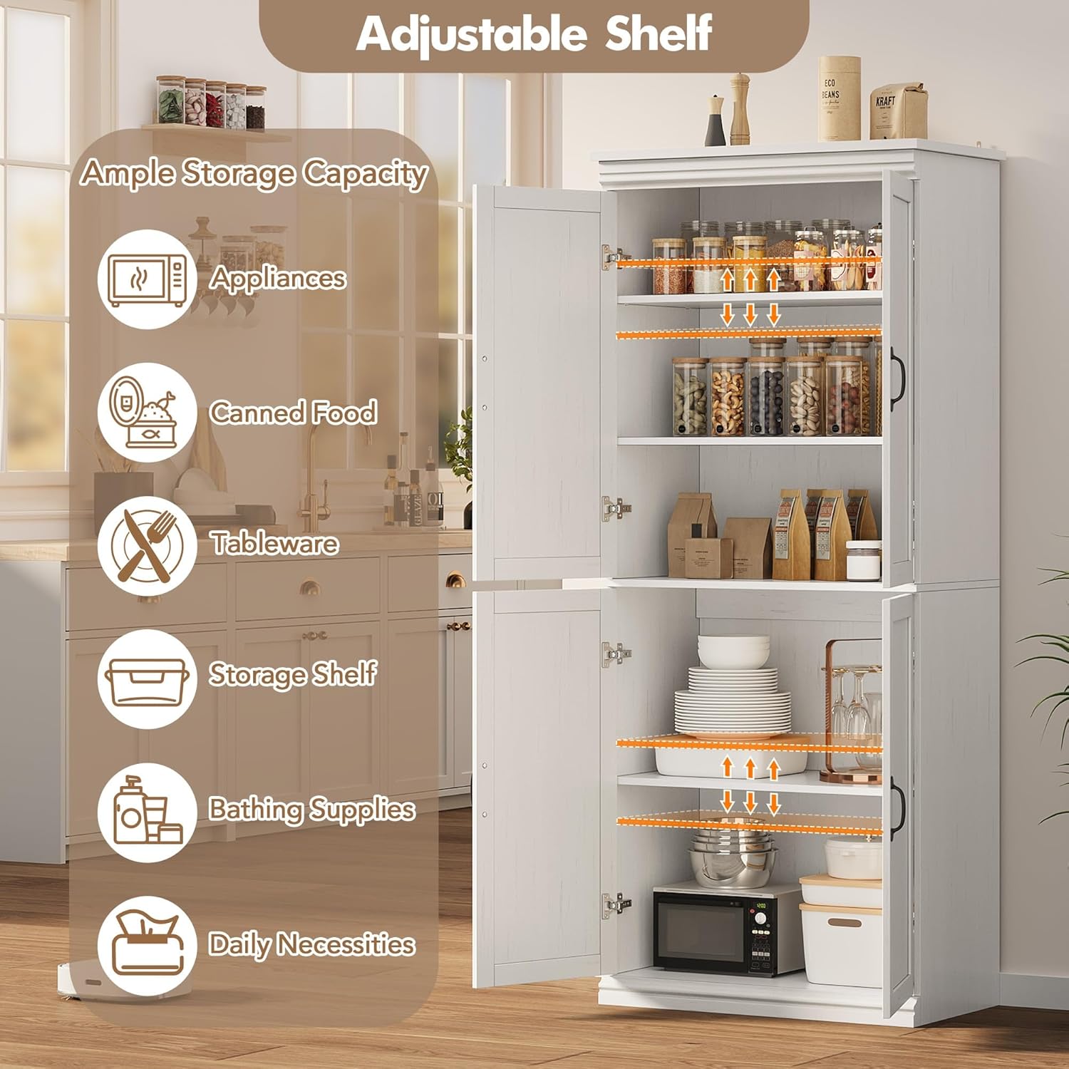 IDEALHOUSE Pantry Cabinet,70' Tall Kitchen Pantry Cabinet with Doors and Adjustable Shelves, Freestanding Cupboard, Tall Storage Cabinet for Bathroom, Dining Room, Living Room (Antique White)