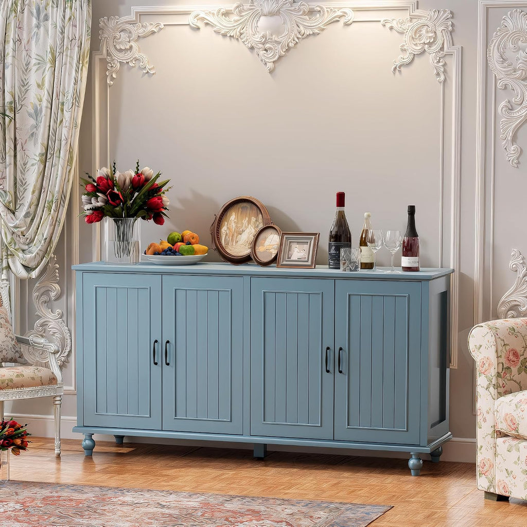Scurrty Buffet Cabinet with Storage, 62'' Coffee Bar in Kitchen, Buffet with 4 Doors,Sideboard Buffet Cabinet for Dinning Room, Kitchen & Living Room (4 Doors, Blue)