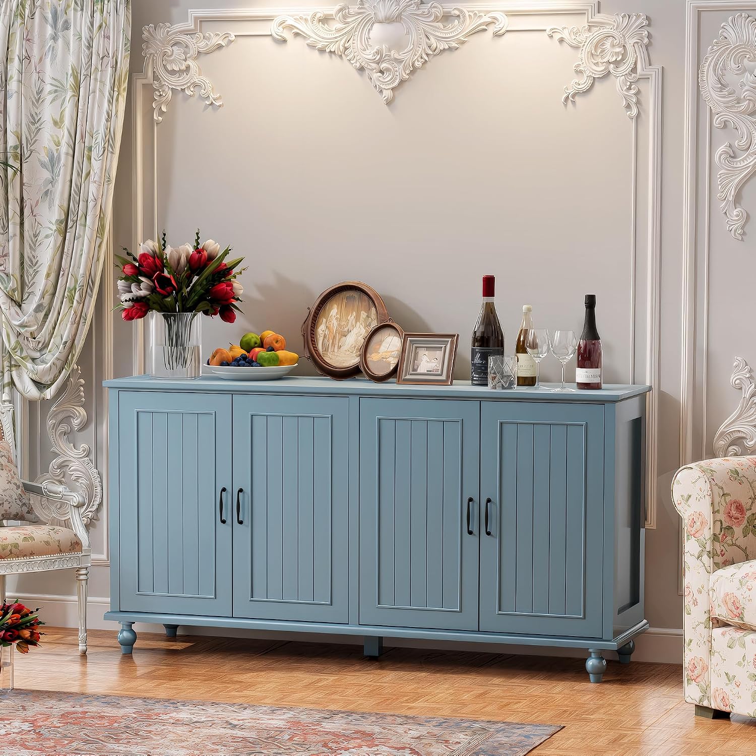 Scurrty Buffet Cabinet with Storage, 62'' Coffee Bar in Kitchen, Buffet with 4 Doors,Sideboard Buffet Cabinet for Dinning Room, Kitchen & Living Room (4 Doors, Blue)