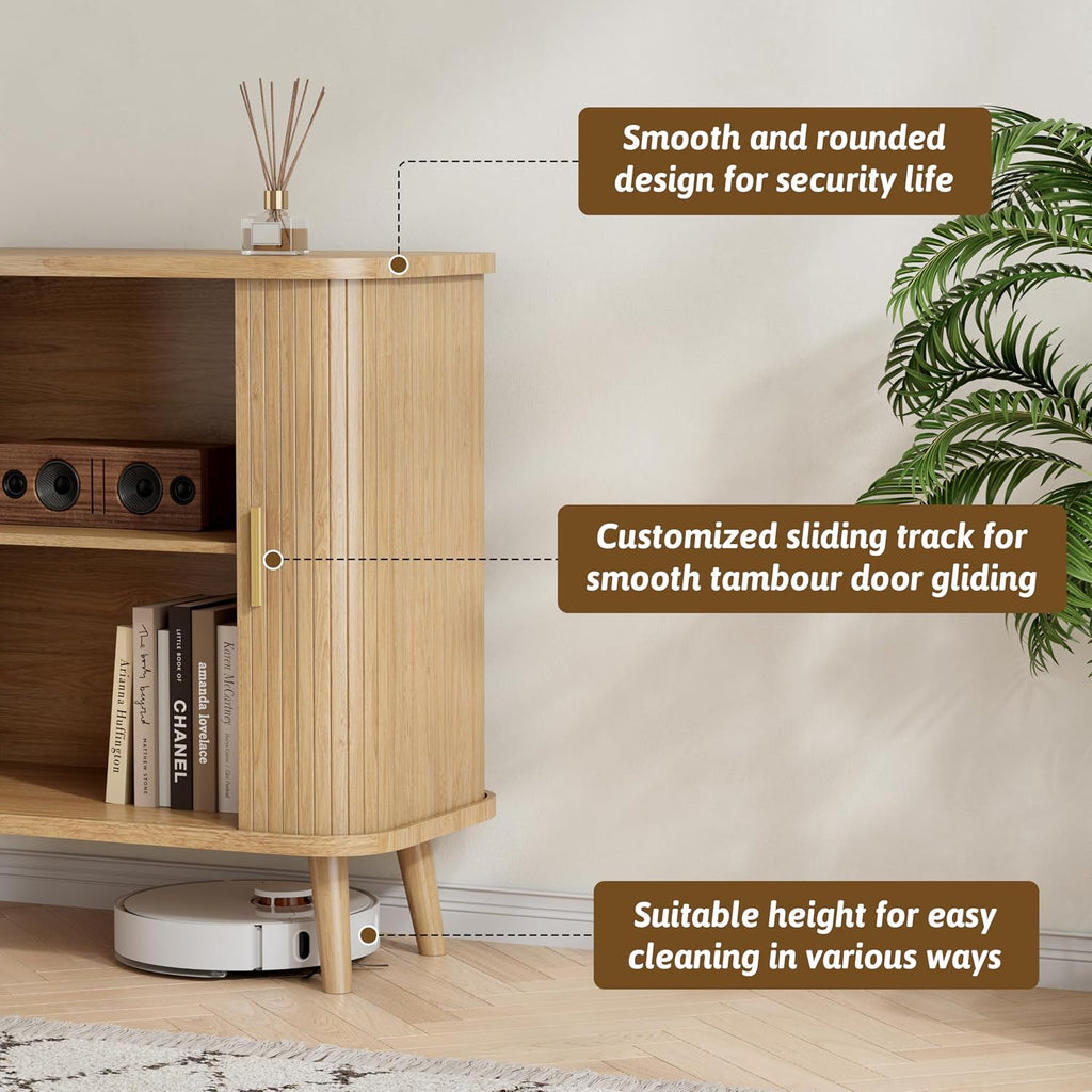 BORNOON Buffet Cabinet with Storage, Curved-Edge Fluted Storage Cabinet Sideboard, Modern Black Sideboard Buffet with Adjustable Shelves & Sliding Door for Dining Room, Kitchen, Entryway (Oak)