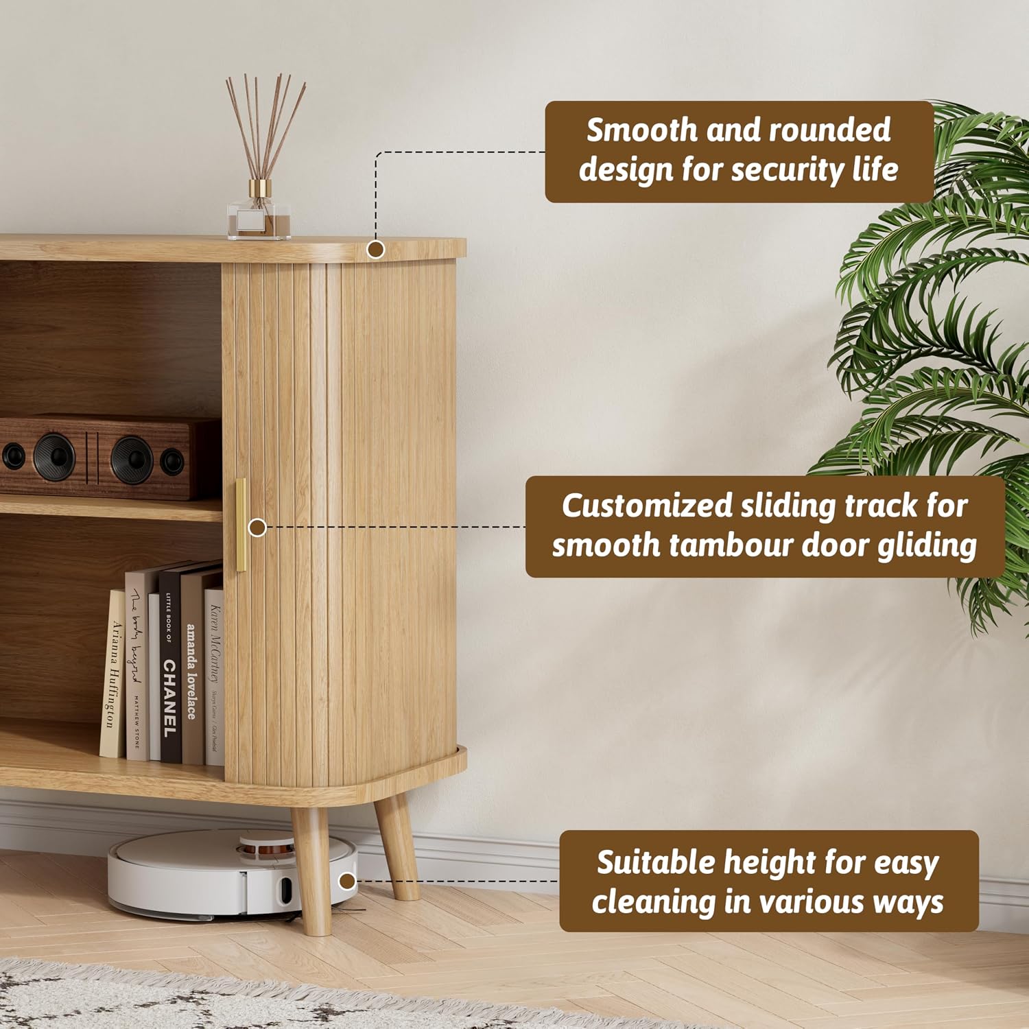 BORNOON Buffet Cabinet with Storage, Curved-Edge Fluted Storage Cabinet Sideboard, Modern Black Sideboard Buffet with Adjustable Shelves & Sliding Door for Dining Room, Kitchen, Entryway (Oak)