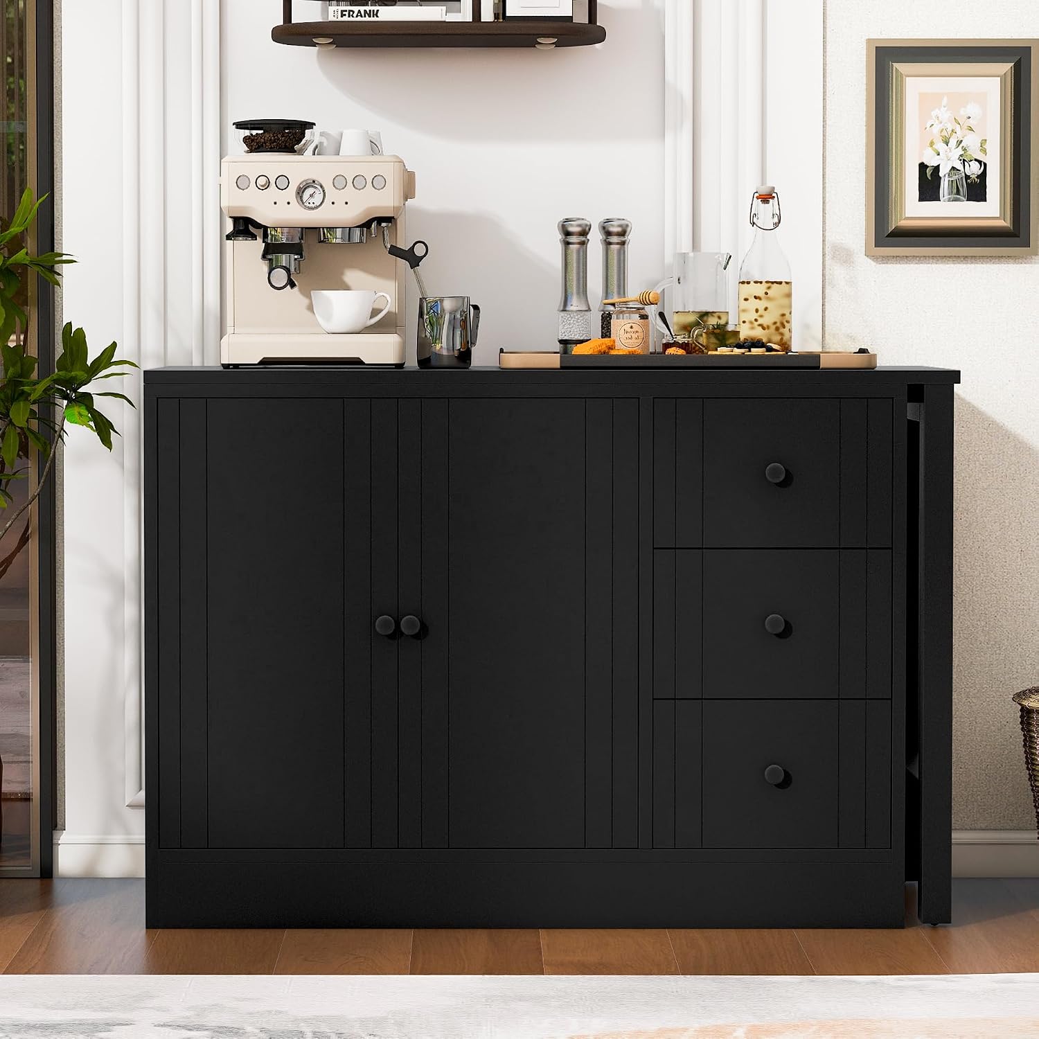 90' Extendable Freestanding Storage Cabinet, Kitchen Storage Bakers Rack with Adjustable Shelf, Utility Food Cupboard with Silent Drawers for Kitchen and Living Room, Black