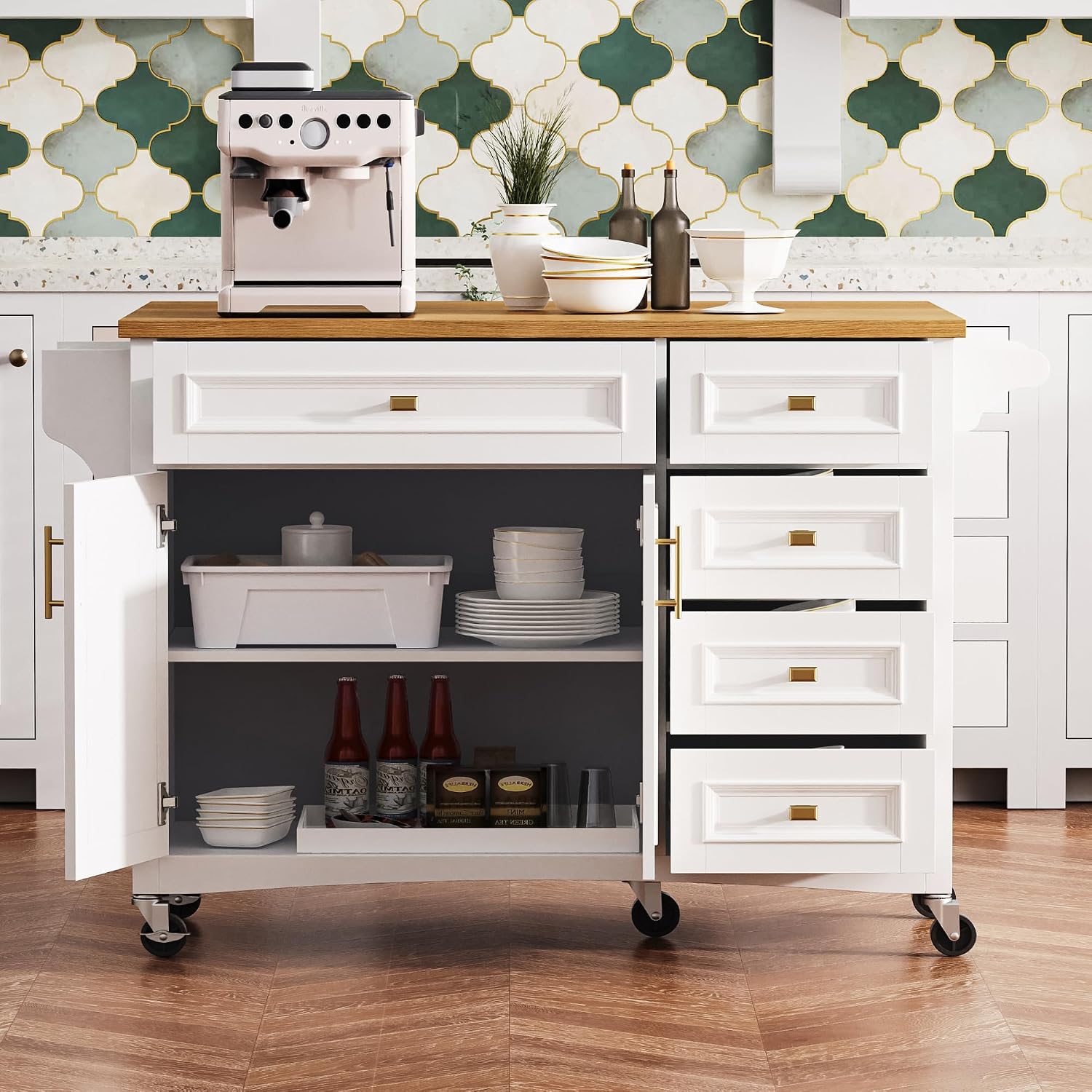 52' Kitchen Island Cart with Drop Leaf, Embossed Texture Kitchen Storage on Wheels with Spice Rack, Towel Rack, 5 Drawers, 2 Doors, Adjustable Shelf for Kitchen, Dining Room White