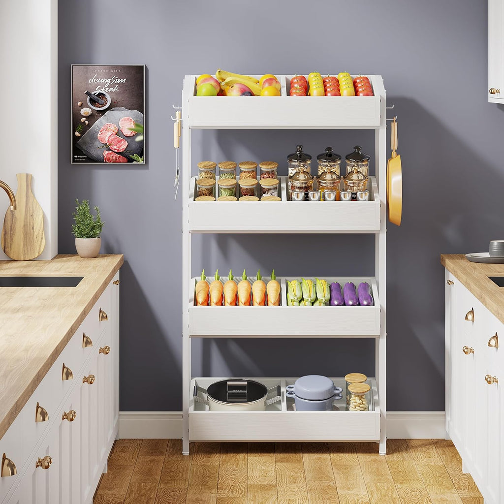 Tribesigns Wood Fruit and Vegetable Basket Stand Rack for Kitchen, Office, Store, Supremarket, Pantry Shelf Unit for Snacks, 4-Tier Wooden Utility Storage Shelves Set of 2 (White)