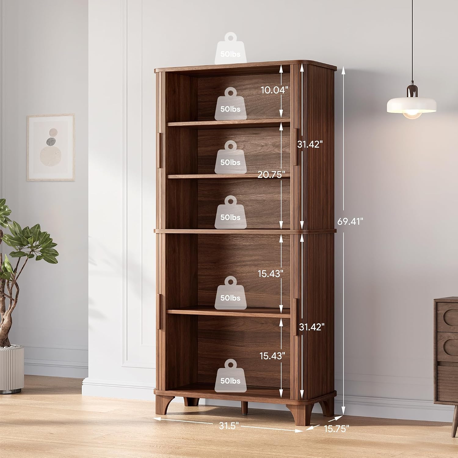 Decofy 69' Tall Kitchen Pantry Storage Cabinet with Sliding Door, Modern Curved Edge Pantry Storage Cabinet with 5 Shelves, Cupboard for the Kitchen, Dining Room, Bedroom, Living Room, Office (Walnut)