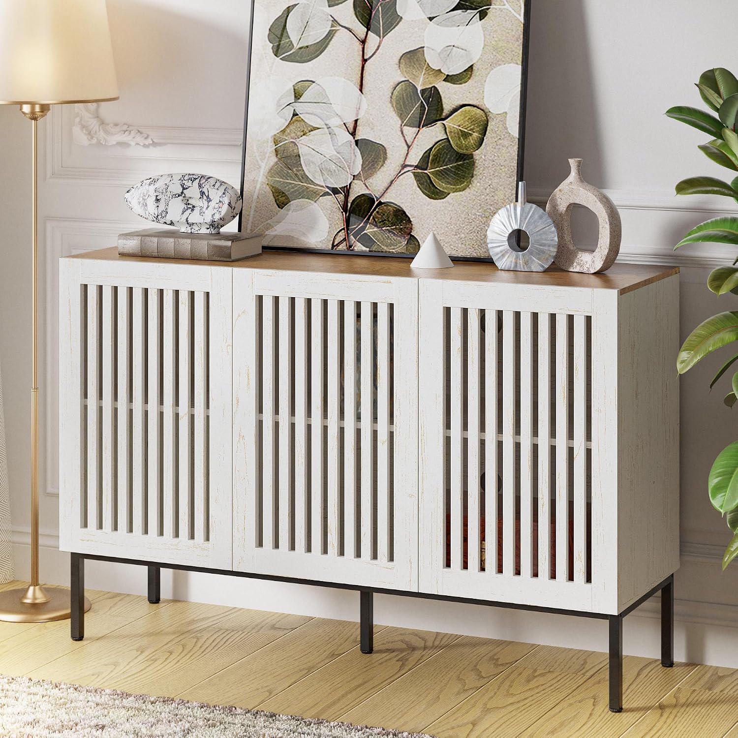 BVIUNTWO 47' Farmhouse Buffet Cabinet with Metal Base, Adjustable Shelves & 3 Doors, Antique White Storage Sideboard for Kitchen, Dining & Living Room