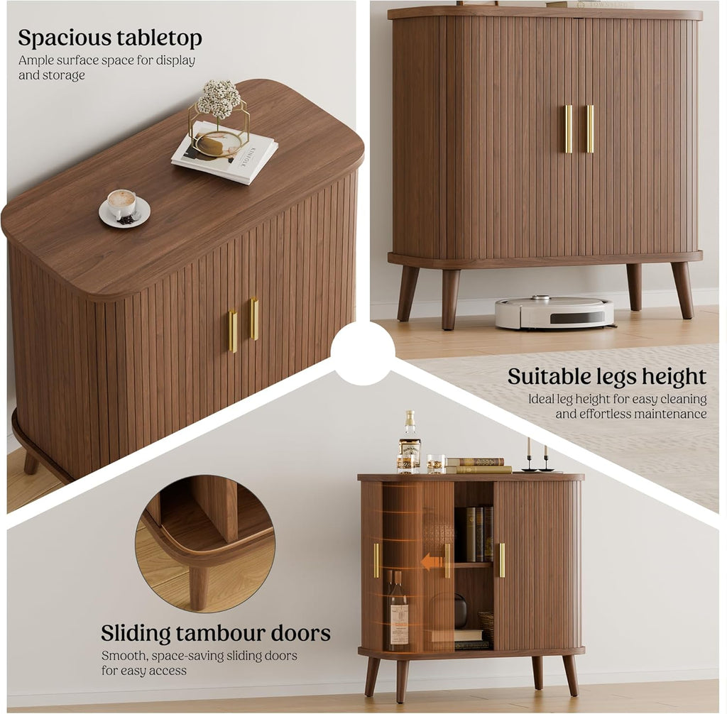 Lulive Walnut Buffet Cabinet, Sideboard Buffet Storage Cabinet with Rolling & Sliding Doors, Modern Bar Cabinet for Kitchen & Dining Room