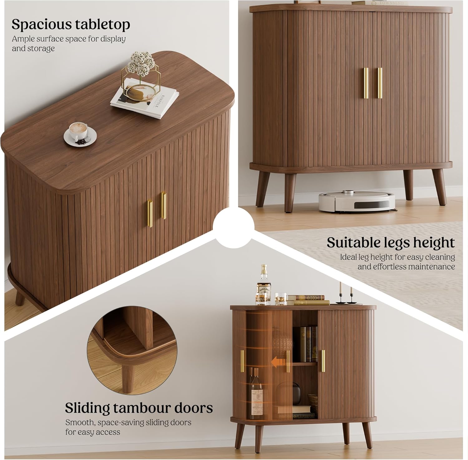 Lulive Walnut Buffet Cabinet, Sideboard Buffet Storage Cabinet with Rolling & Sliding Doors, Modern Bar Cabinet for Kitchen & Dining Room
