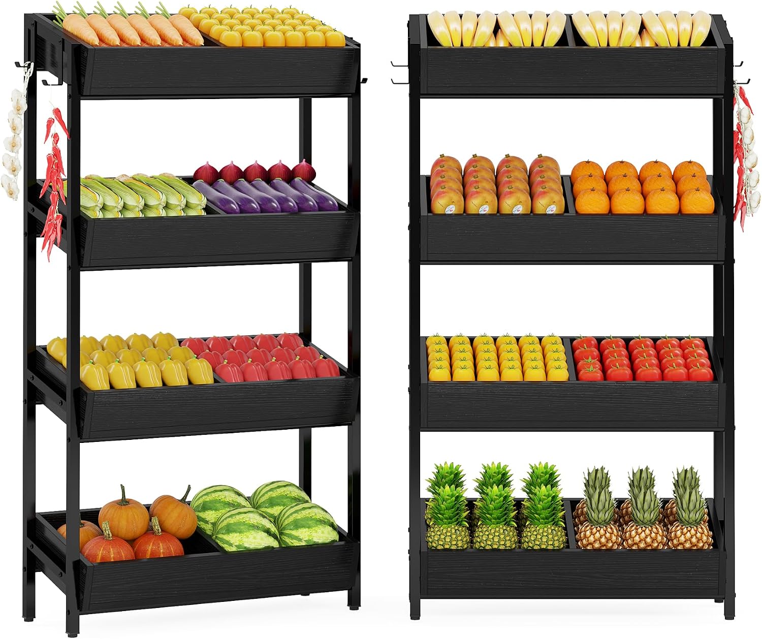 Tribesigns Wood Fruit and Vegetable Basket Stand Rack for Kitchen, Office, Store, Supremarket, Pantry Shelf Unit for Snacks, 4-Tier Wooden Utility Storage Shelves Set of 2 (Black)