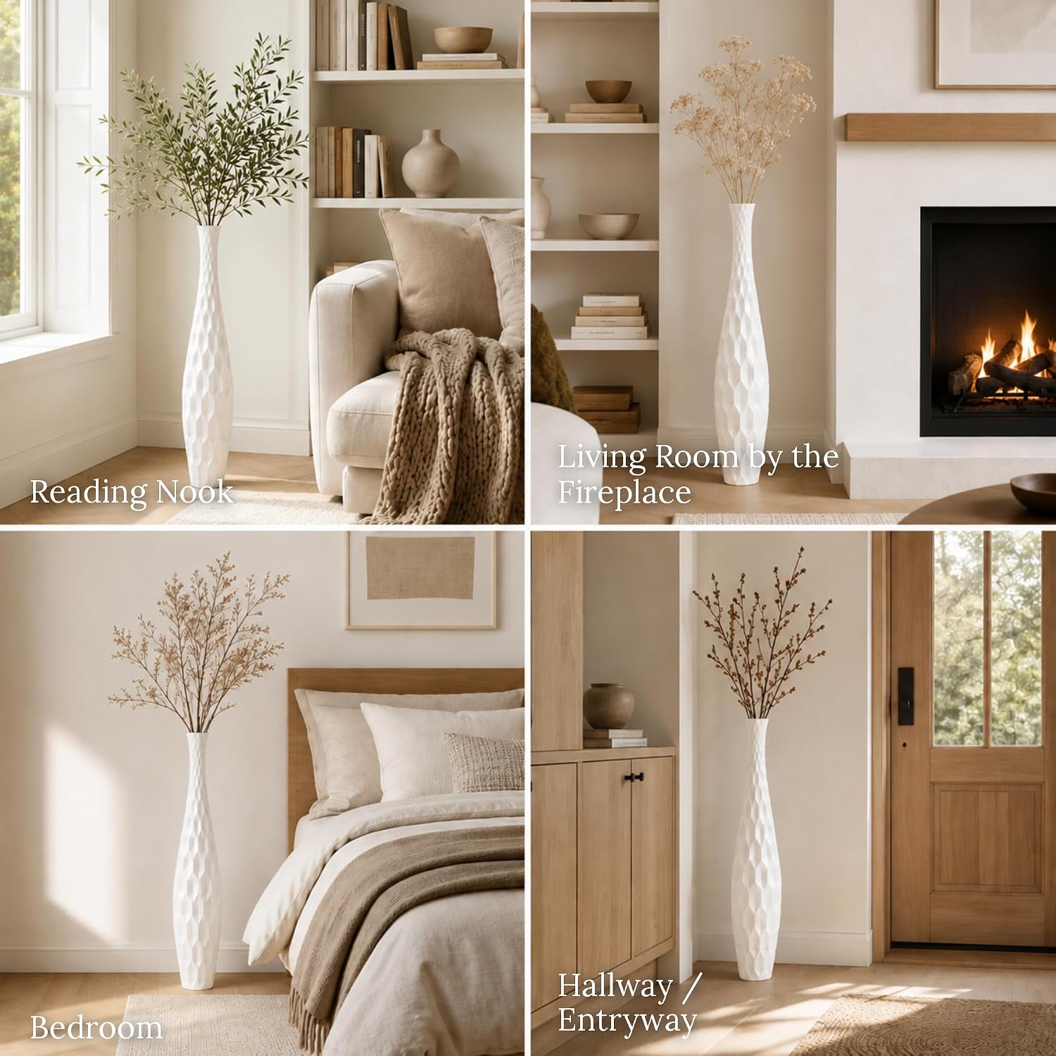 Leewadee Large White Home Decor Floor Vase - Wooden 34 inch Tall Farmhouse Decor Flower Holder for Fake Plant and Pampas Grass