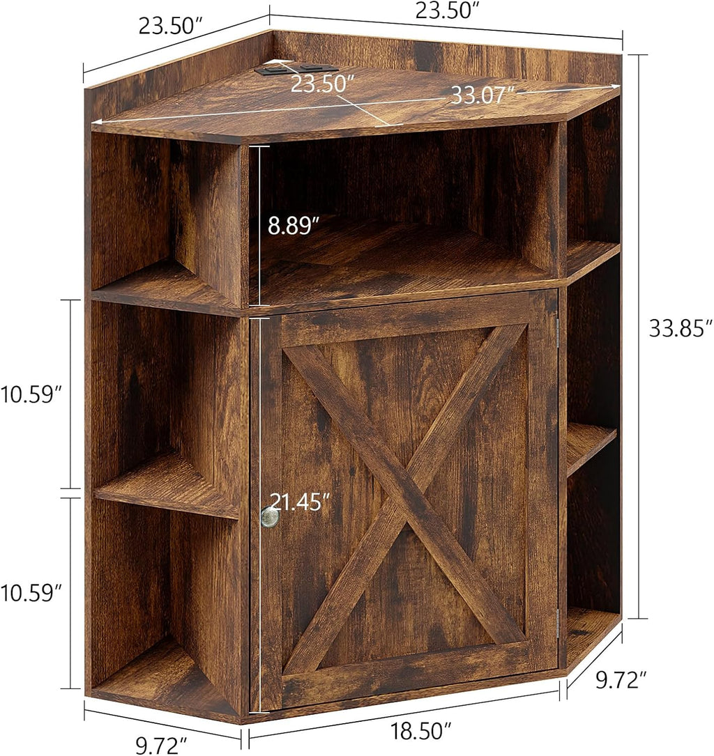 Vabches Corner Cabinet, Corner Storage Shelf with USB Ports and Outlets Industrial Organizer for Small Space Wooden 6-Cubby Bookshelf for Study, Playroom, Living Room (Amber Pine)