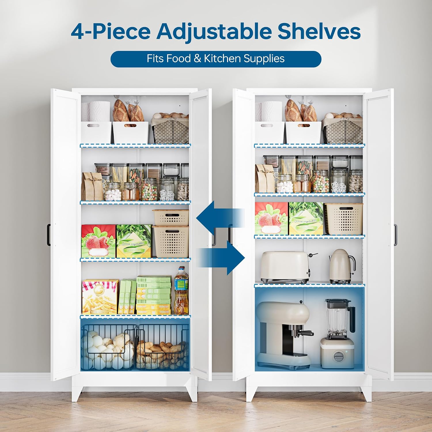 PEUKC 75' Farmhouse Metal Storage Cabinet with Doors and 4 Adjustable Shelves, Large Pantry Organizer for Kitchen, Dining Room, and Living Room,Assemble Require(White)