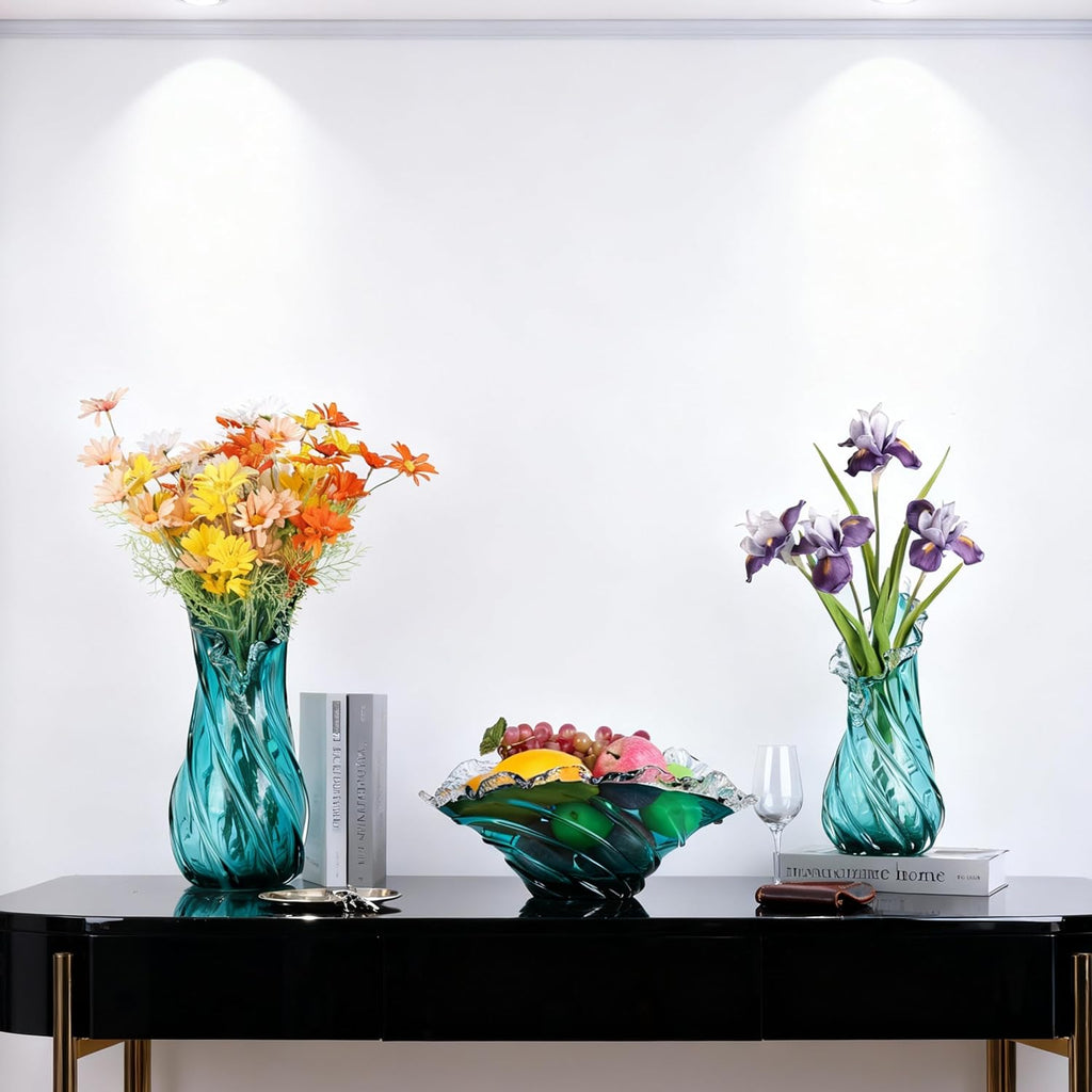 Hand Blown Blue Large Glass Vase Set - Artistic Clear Blue Vase for Coastal & Modern Home Decor, Ocean Wave Vase Design Light Luxury Style for Home Decor, Centerpiece, Office (L)