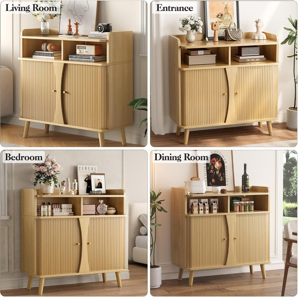 Decofy 39' Buffet Sideboard Cabinet, Mid Century Modern Console Cabinet with Roller Shutter Sliding Doors & Adjustable Shelves for Kitchen Cabinets, Living Room, Entryway, Coffee Bar Cabinet (Oak)