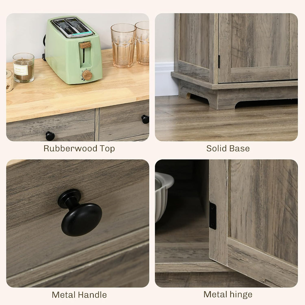 40' Solid Wood Top Freestanding Storage Cabinet, Kitchen Storage Bakers Rack with Drawers, Utility Food Cupboard with Adjustable Shelf for Dining Room Entryway, Gray