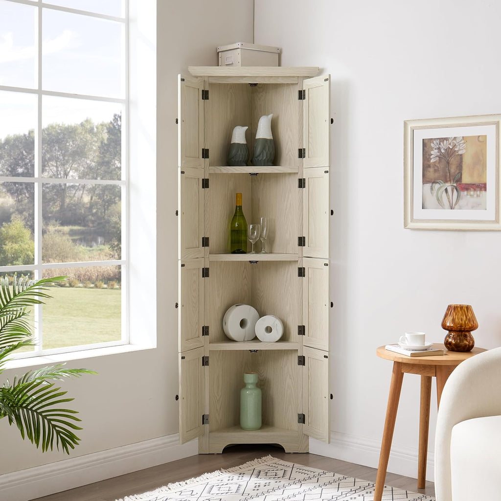 72' Corner Design Freestanding Storage Cabinet, Kitchen Storage Bakers Rack with Sleek Metal Handles, Utility Food Cupboard with 4-Tier Shelves for Kitchen, Bathroom, Living Room, White