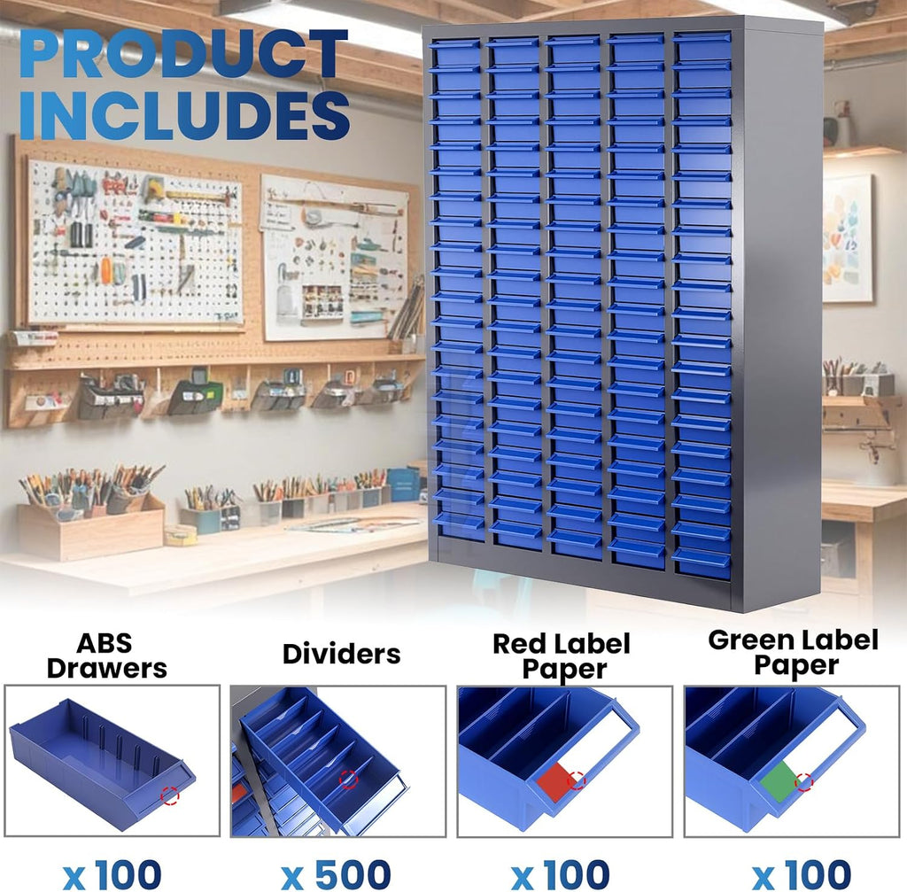 100 Drawers Parts Cabinet, Stainless Steel Nut and Bolt Storage Cabinet, 46' H x 26' D x 9' W Small Parts Organizer with Labels and Shelves for Garages Basements Warehouse(100 Drawers)