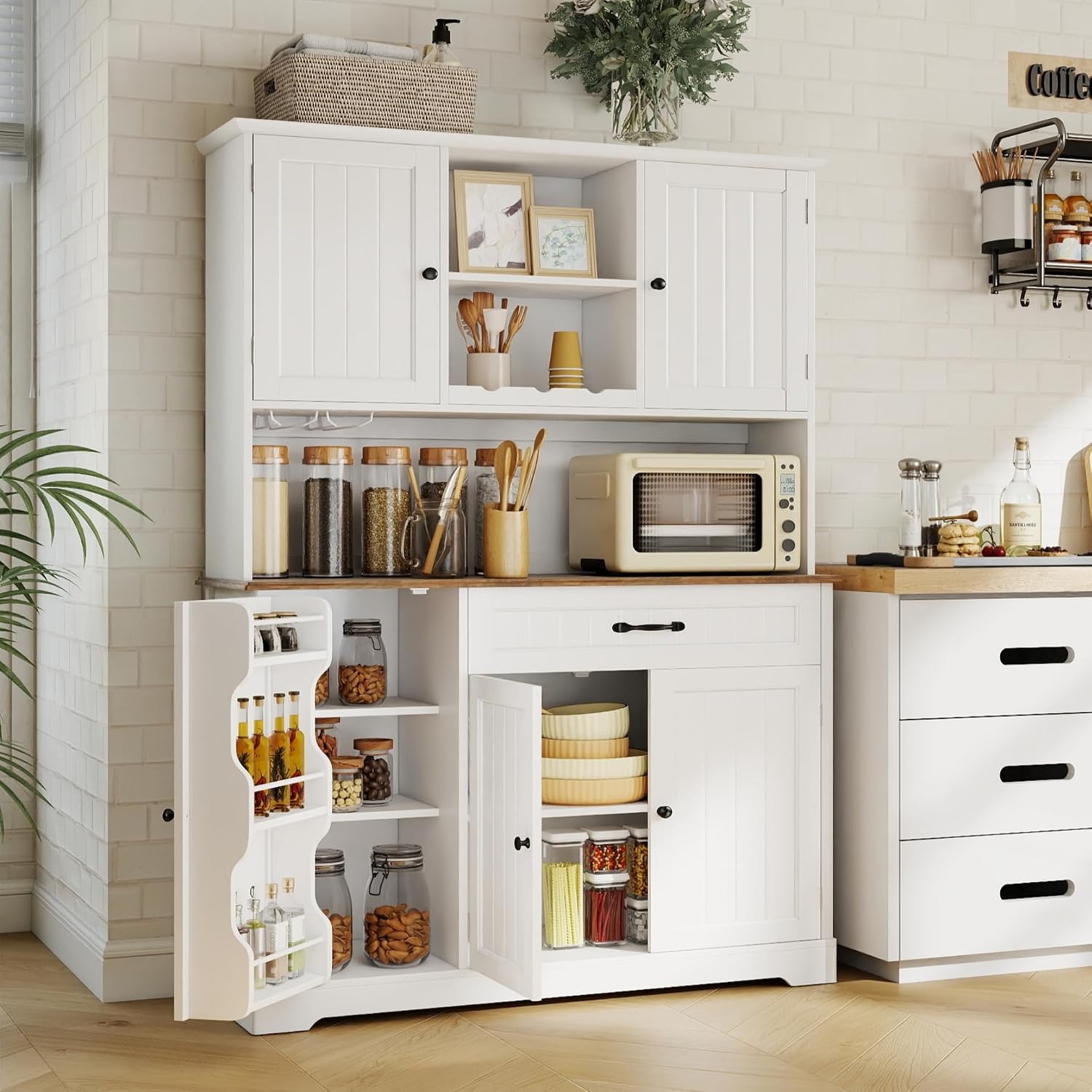Gizoon Kitchen Pantry Cabinet with Countertop Kitchen Hutch Storage Cabinet 67.7' Tall Pantry Coffee Bar with Storage for Dining Room and Craft Room, White and Rustic