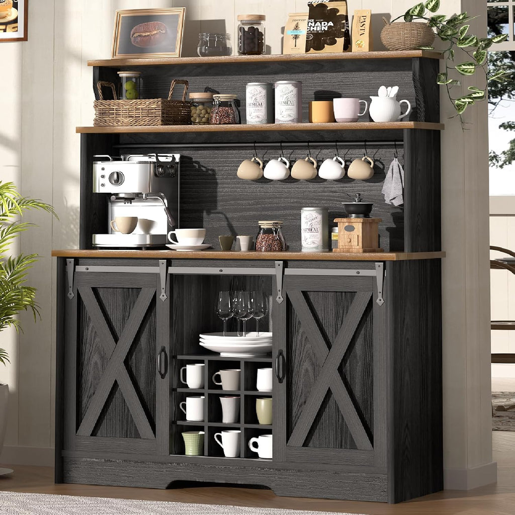 BestHaped Farmhouse Coffee Bar Cabinet with 3 Tier Storage Hutch, 47'' Coffee Bar Station with Sliding Barn Door, Hutch Storage Cabinet with 9 Wine Racks & 9 Hooks for Kitchen Dining Living Room