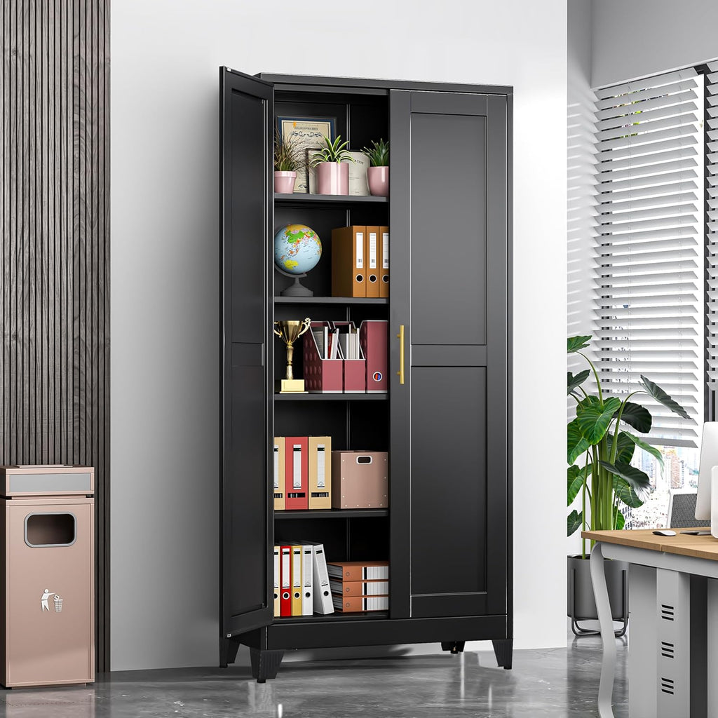 GAIOUS 71' Tall Metal Storage Cabinet with 2 Doors and 4 Adjustable Shelves, Kitchen Pantry Cabinet Black Freestanding Cupboard, 5 Tier Multifunctional Steel Storage for Office, Kitchen, Dining Room