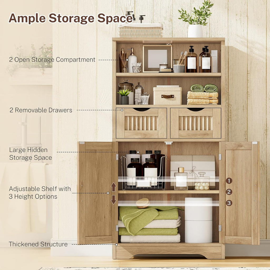 Iwell Tall Storage Cabinet, Fluted Cabinet with 2 Drawers & Adjustable Shelf, Bathroom Storage Cabinet, Kitchen Pantry Storage Cabinet, for Living Room, Dining Room, Home Office, Natural Oak
