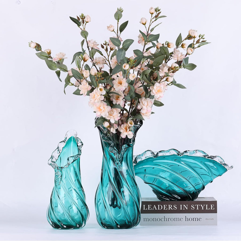 Hand Blown Blue Large Glass Vase Set - Artistic Clear Blue Vase for Coastal & Modern Home Decor, Ocean Wave Vase Design Light Luxury Style for Home Decor, Centerpiece, Office (XL)