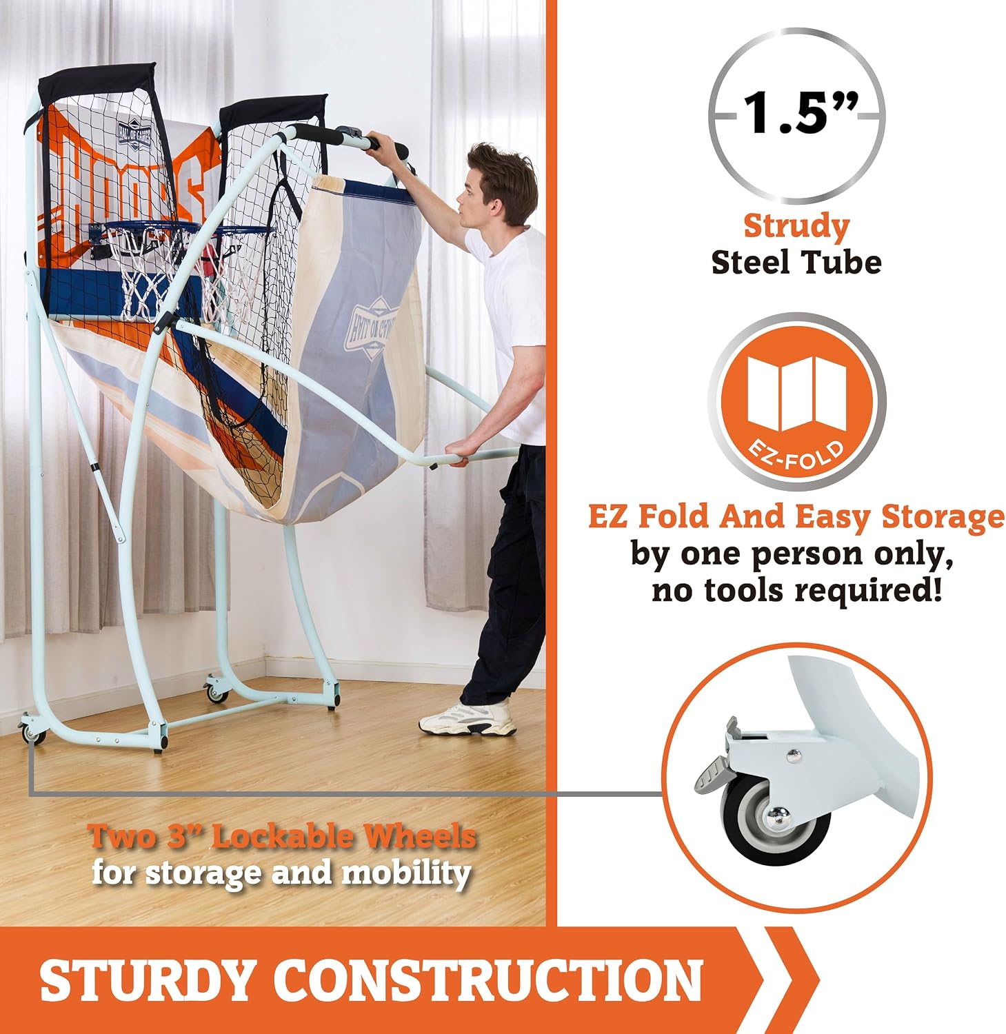 Hall of Games EZ Fold Premium Indoor Arcade Basketball Game with Steel Frame and Polycarbonate Backboard, Dual Shot Electronic Scoring with 6 Size 3 Balls Included, Perfect for Basement Game Rooms