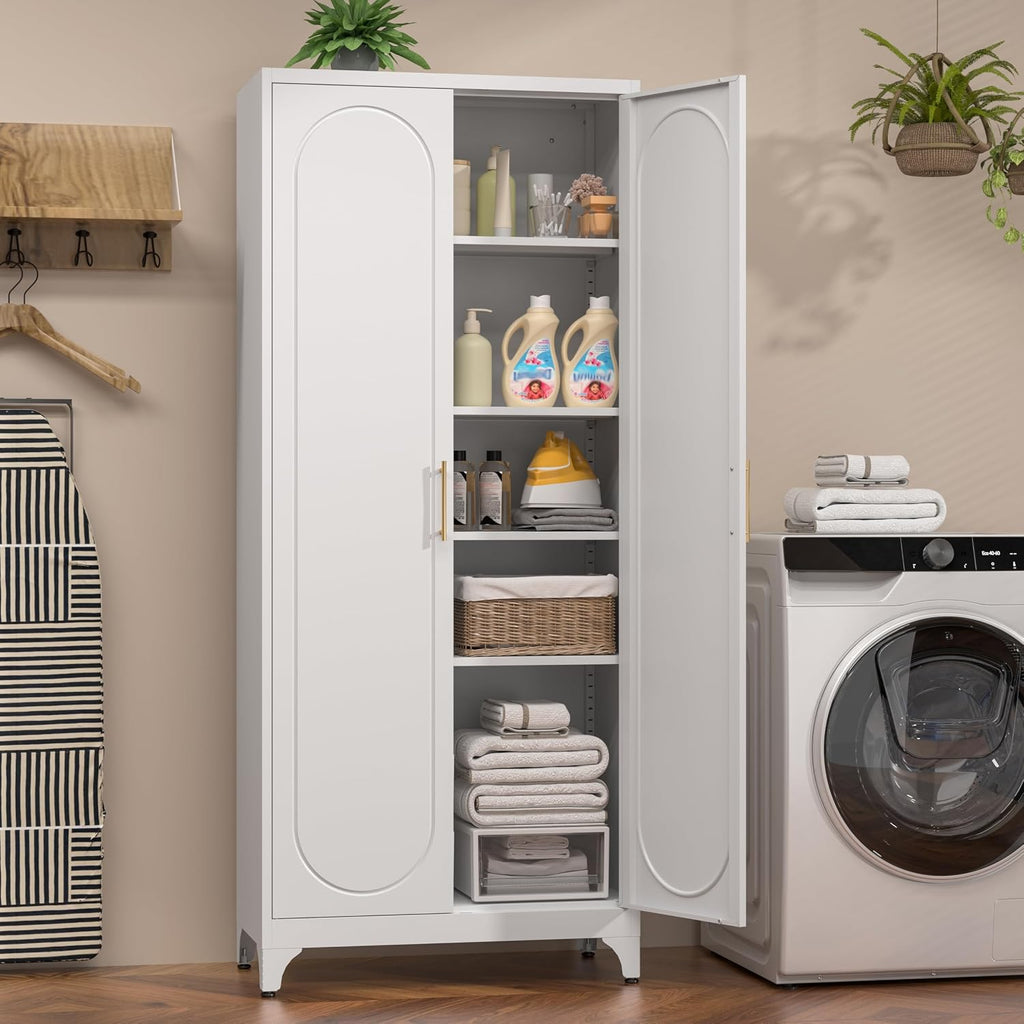 75' Tall White Metal Storage Cabinet with Doors & Adjustable Shelves, Heavy-Duty Pantry Cabinet for Kitchen, Garage, Home Office, Living Room & School