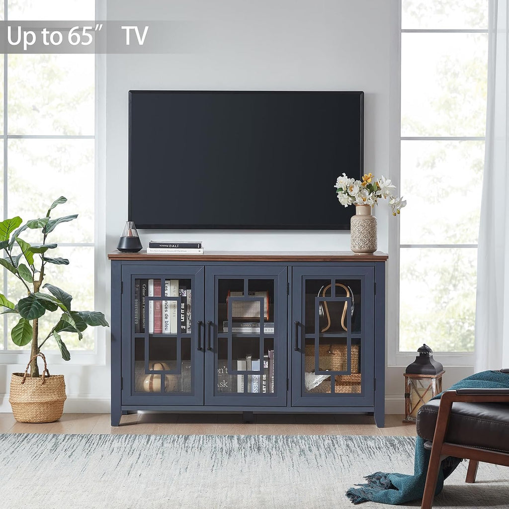 Joaxswe Large Sideboard Buffet Cabinet with Storage, 55' Farmhouse Kitchen Coffee Wine Bar Cabinet with 3 Glass Doors, Wood Mid Century Modern Side Board Table for Dining Room, Living Room,Navy Blue