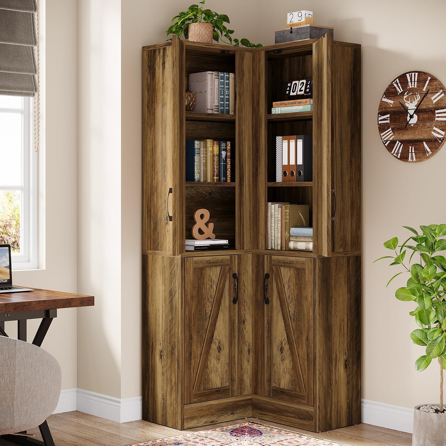 Tribesigns Corner Pantry Cabinet, 67' Tall Kitchen Pantry with Doors and 5-Tier Storage Shelves, Farmhouse Wooden Corner Bar Cabinet for Home, Living Room, Bar, Kitchen, Rustic Brown