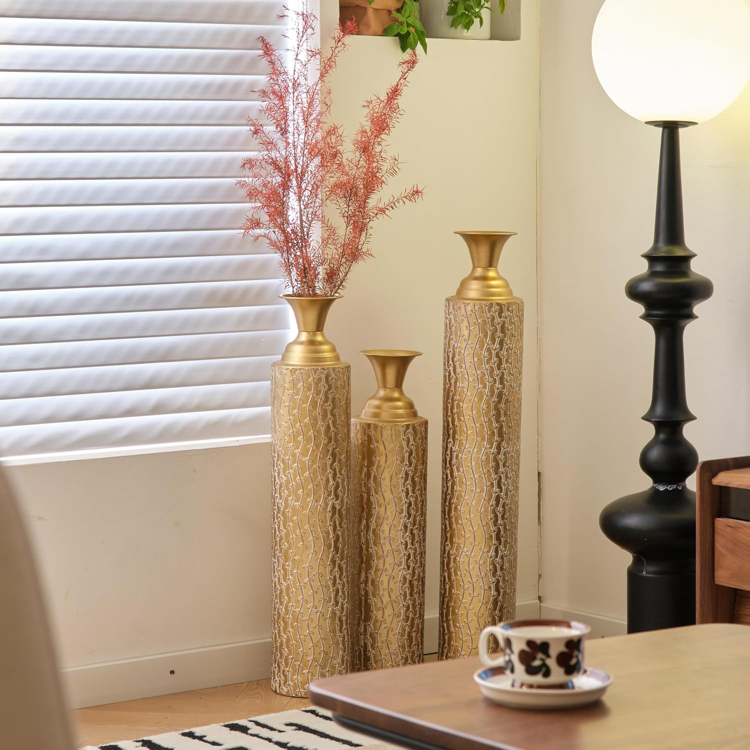 Floor Vases Decorative Tall - 34/29/25in Metal Extra Large Decorative Vase Set of 3, Gold Tall Floor Vase for Home Decor, Living Room Entryway Decor Dining Bedroom Home Corner Indoor Office