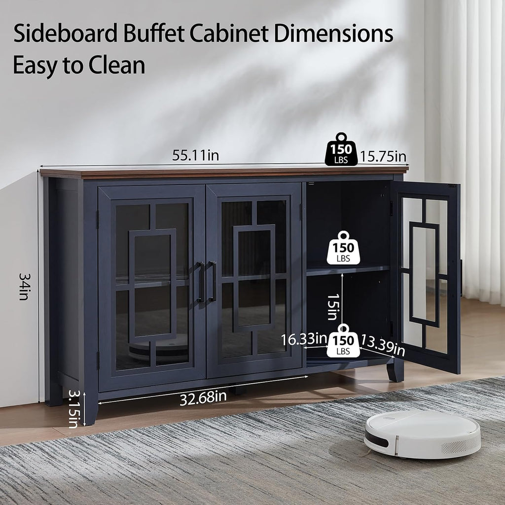 Joaxswe Large Sideboard Buffet Cabinet with Storage, 55' Farmhouse Kitchen Coffee Wine Bar Cabinet with 3 Glass Doors, Wood Mid Century Modern Side Board Table for Dining Room, Living Room,Navy Blue
