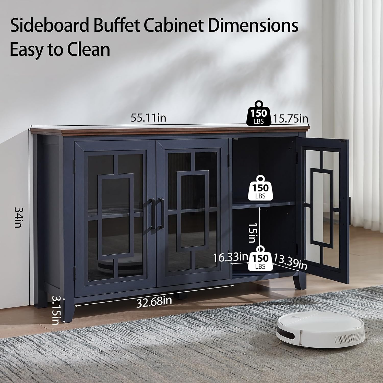 Joaxswe Large Sideboard Buffet Cabinet with Storage, 55' Farmhouse Kitchen Coffee Wine Bar Cabinet with 3 Glass Doors, Wood Mid Century Modern Side Board Table for Dining Room, Living Room,Navy Blue