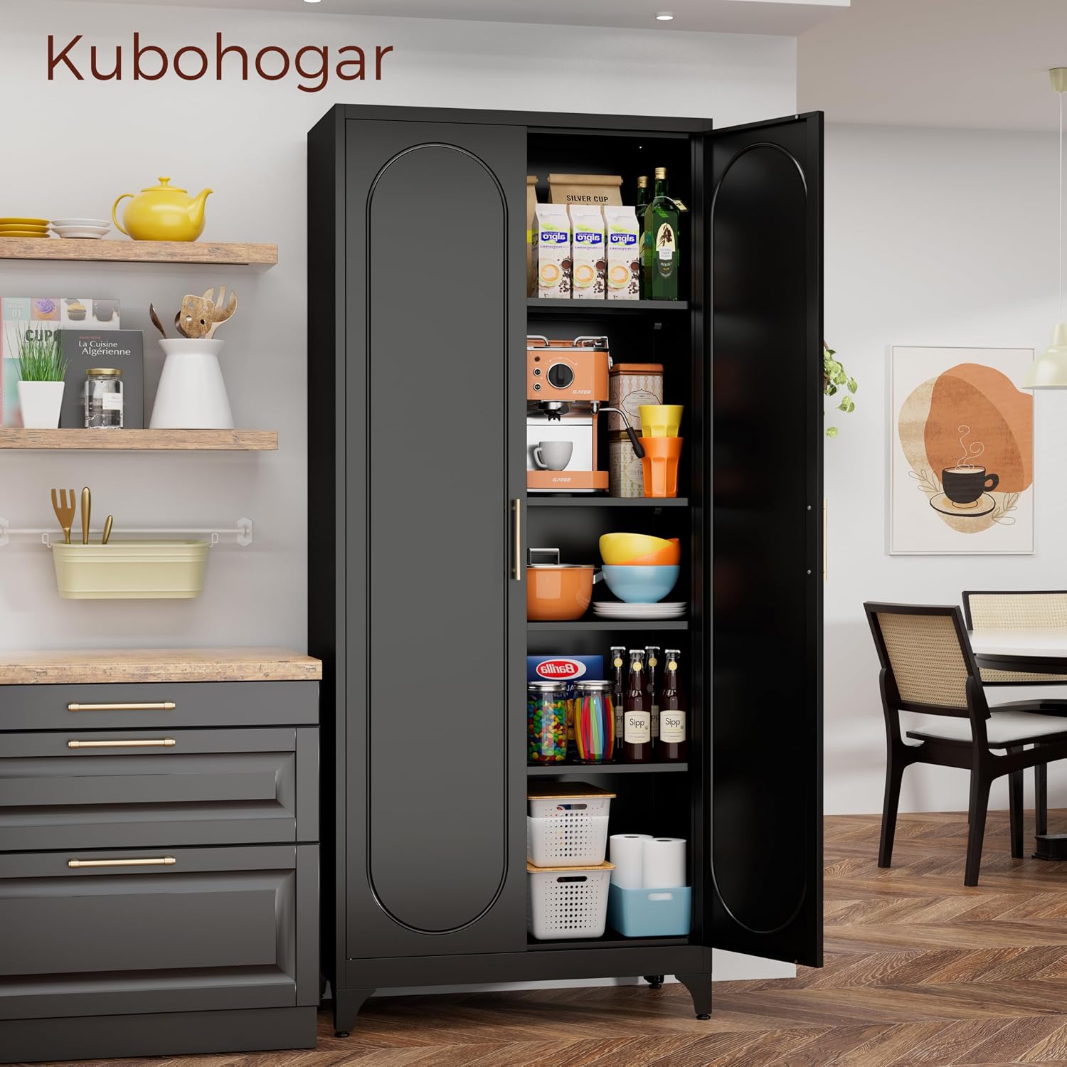 75' Tall Black Metal Storage Cabinet with Doors & Adjustable Shelves, Heavy-Duty Pantry Cabinet for Kitchen, Garage, Home Office, Living Room & School