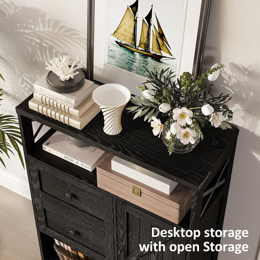 Fameill Farmhouse Storage Cabinet with 2 Drawers & Shelves,Freestanding Kitchen Cabinet with Doors,Floor Storage Organization for Living Room,Bathroom,Laundry,Black