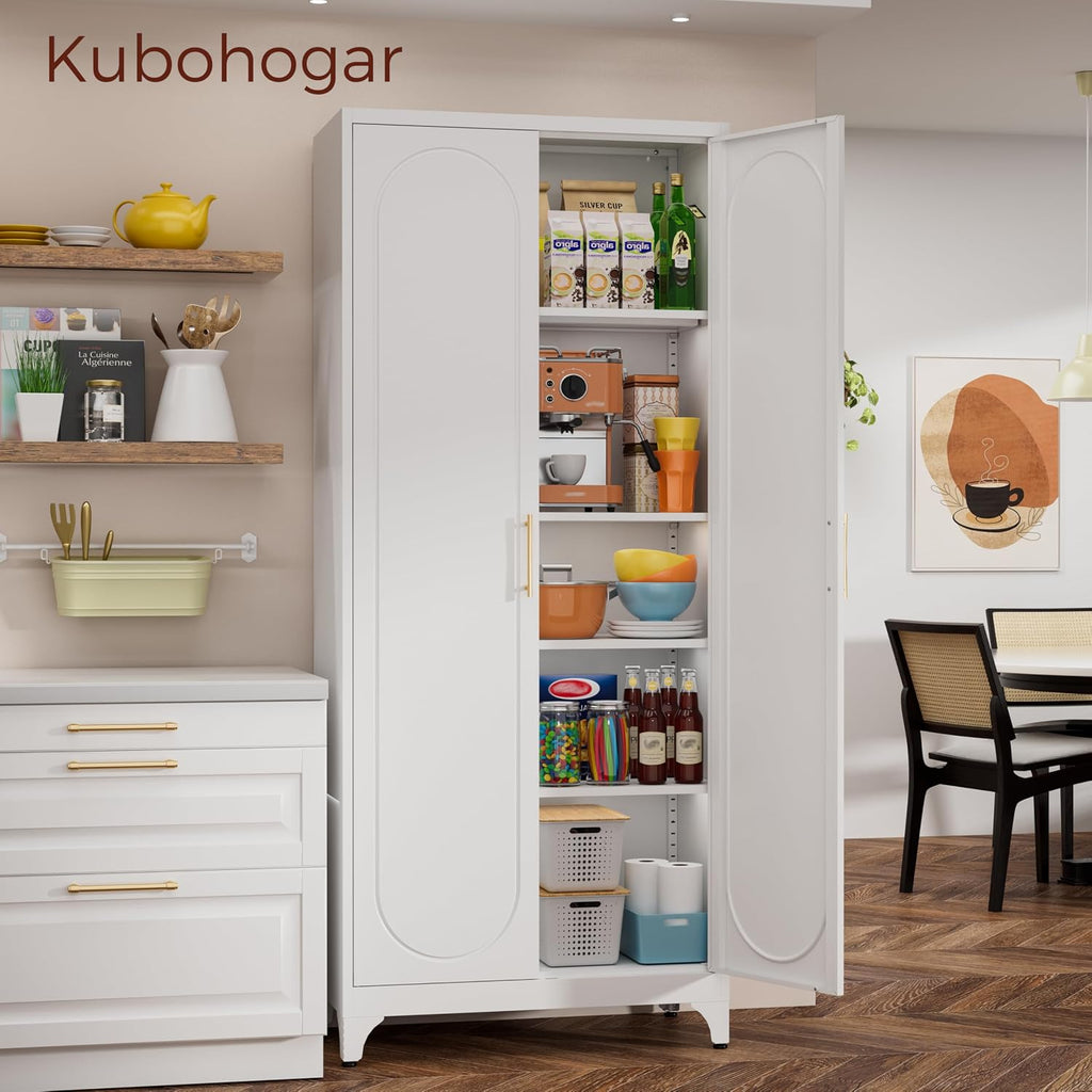 75' Tall White Metal Storage Cabinet with Doors & Adjustable Shelves, Heavy-Duty Pantry Cabinet for Kitchen, Garage, Home Office, Living Room & School