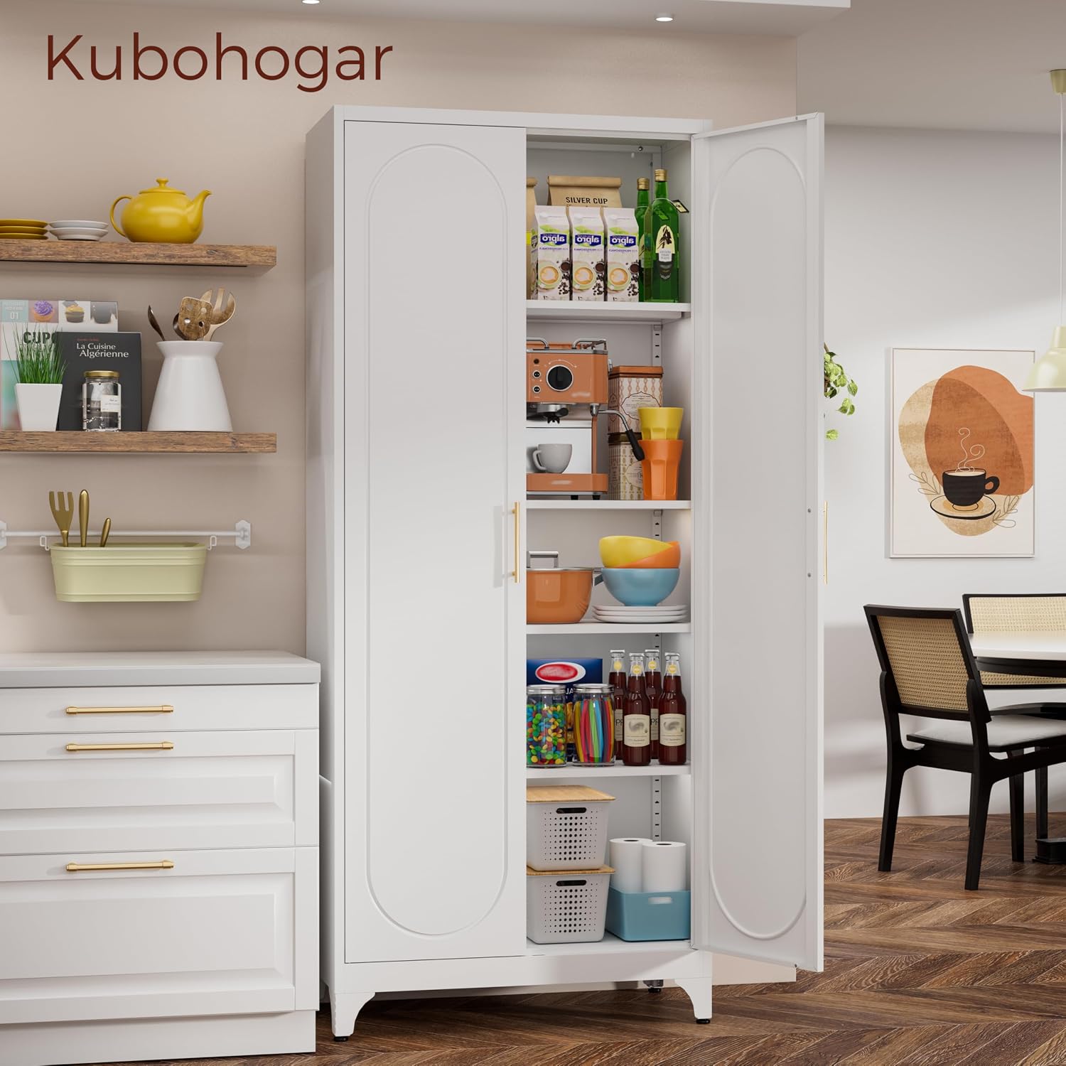 75' Tall White Metal Storage Cabinet with Doors & Adjustable Shelves, Heavy-Duty Pantry Cabinet for Kitchen, Garage, Home Office, Living Room & School