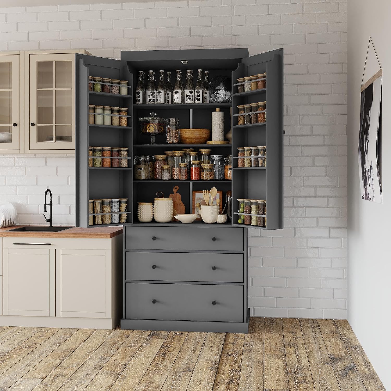Ball & Cast 77' Freestanding Kitchen Pantry with 3 Drawers and Adjustable Shelves,Tall Cupboard Storage Cabinet with 8 Door Shelves, for Kitchen,Dining Room,Living Room,Apartment,Gray