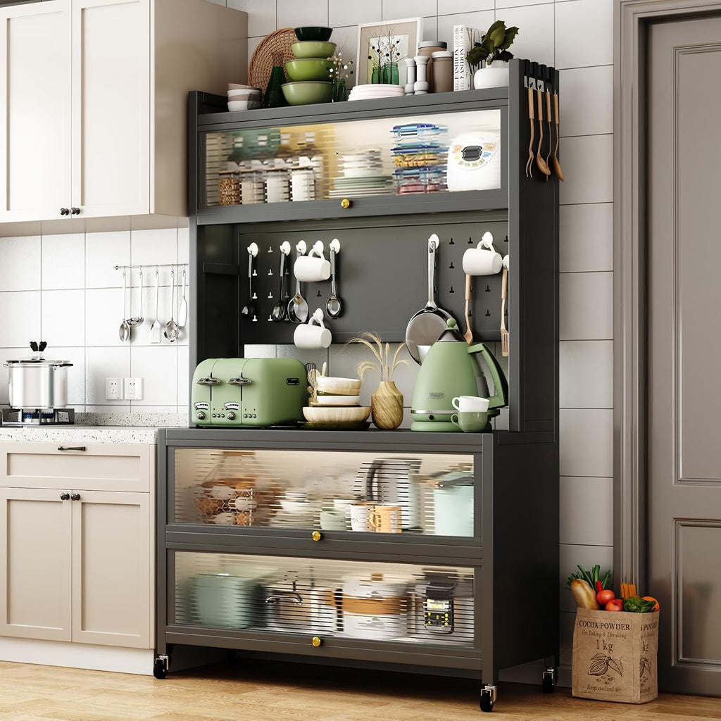 65'' Tall Kitchen Bakers Rack with Flip Door Cabinet, 5 Tier Multifunctional Microwave Stand Buffet, Coffee Bar, Quick Assembly, Gray