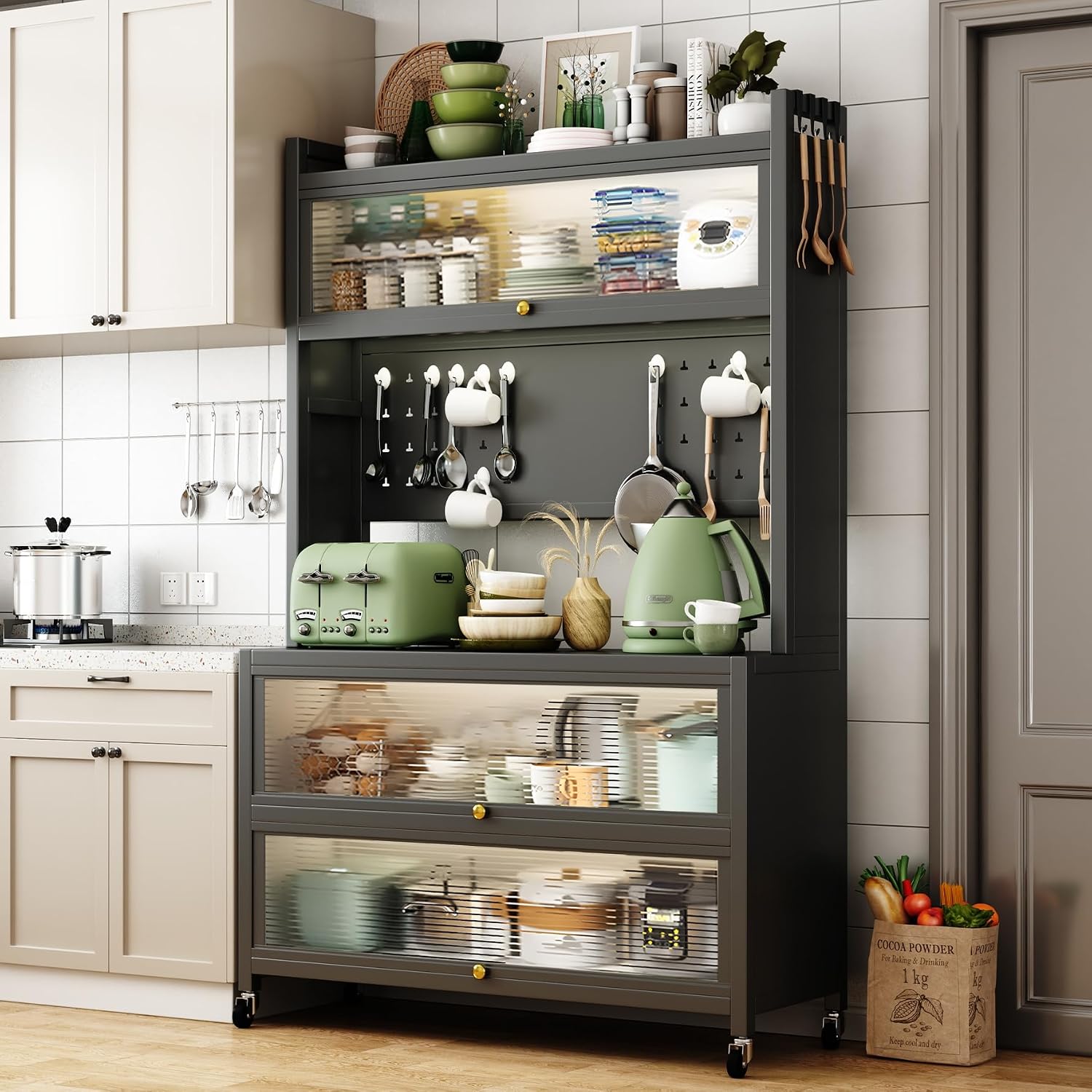 65'' Tall Kitchen Bakers Rack with Flip Door Cabinet, 5 Tier Multifunctional Microwave Stand Buffet, Coffee Bar, Quick Assembly, Gray