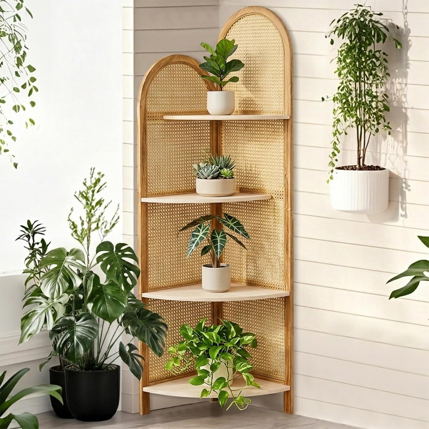 Corner Shelf Stand 4-Tier 70' Tall Corner Shelf with Solid Wood Frame and Rattan, Corner Bookshelf Organizer Rack, Corner Plant Stand for Living Room Decor, Small Space (Natural)