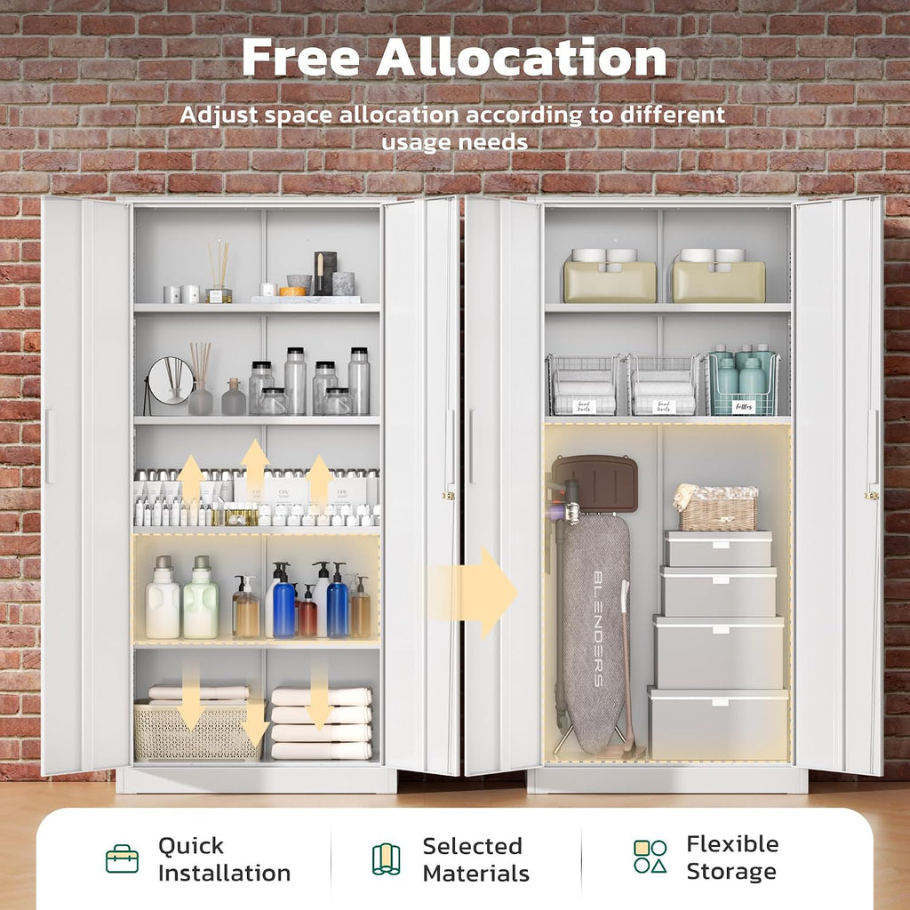 Greenvelly Metal Lockable Storage Cabinet, 72' Storage Cabinet with 2 Doors and 4 Adjustable Shelves for Office, Home, Garage, Pantry (Assembly Required, White)