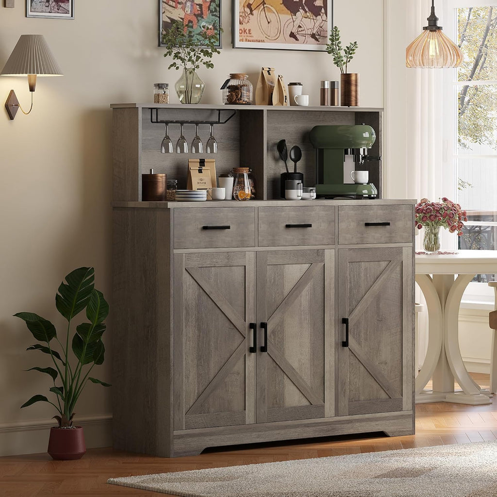 GarveeHome Farmhouse Sideboard Buffet with Microwave Stand, Barn Doors Buffet Storage Cabinet with Drawers and Shelves, Wood Coffee Bar Cabinet for Kitchen, Dining Room, Living Room, Grey
