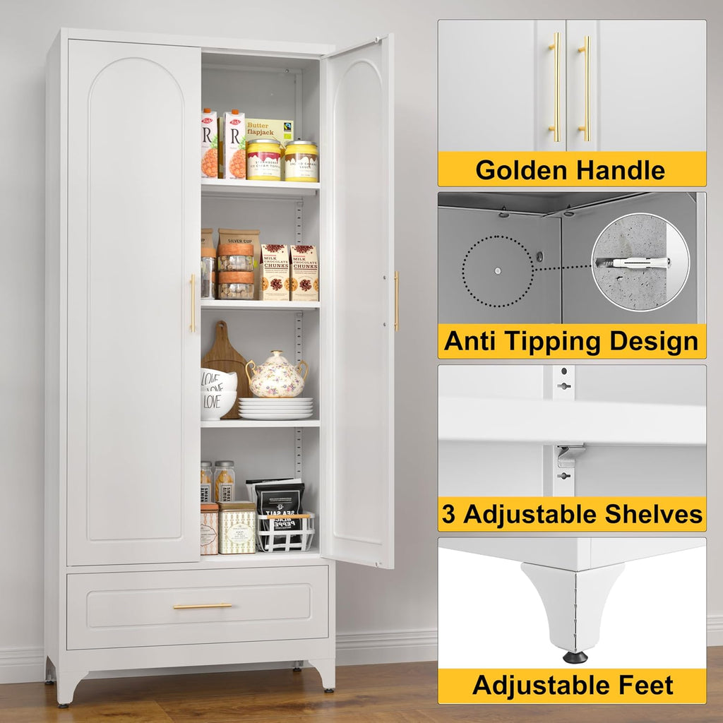SteeLoong Metal Storage Cabinet with Drawers,75Inch White Pantry Cabinets for Kitchen Storage with 3 Adjustable Shelves,Tall Kitchen Pantry Cabinet for Living Room, Dining Room Office