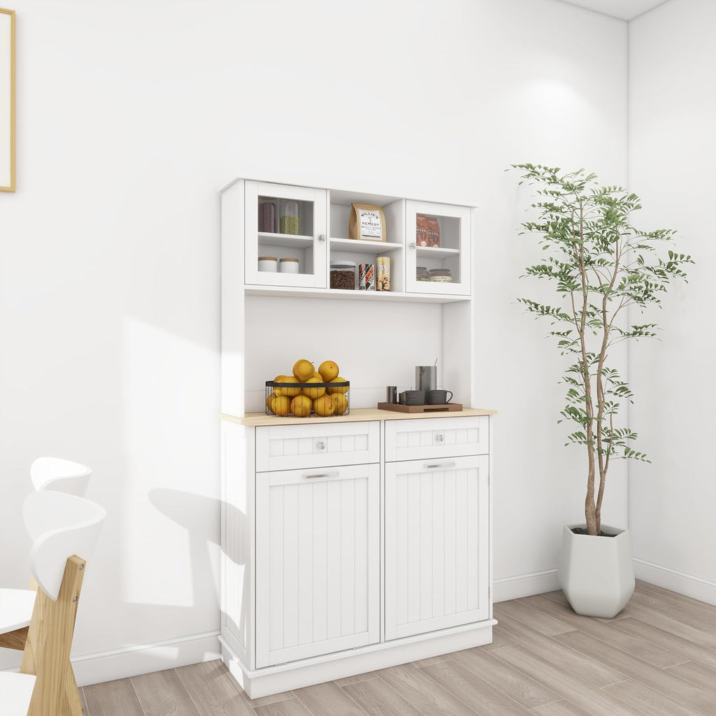 68' Tilt-Out Trash Freestanding Storage Cabinet, Kitchen Storage Bakers Rack with 3 Shelves, Utility Food Cupboard for Home/Kitchen, White