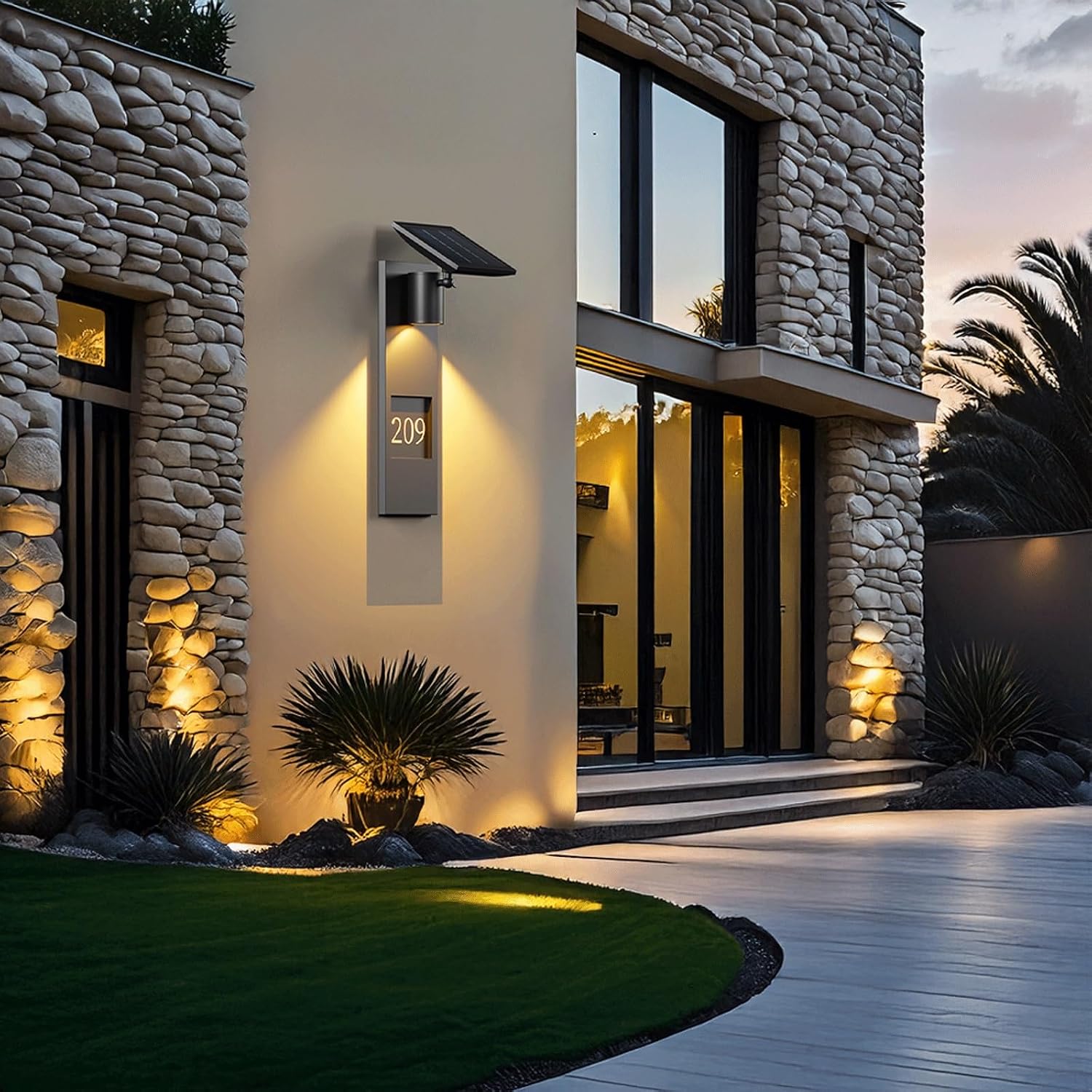 Modern Outdoor LED Solar Wall Light, Black Stainless Steel Address House Number Sconce Lamp, IP65 Waterproof Exterior Mounted Fixture Dusk to Dawn for Villa, Garden, Patio, Porch, Entry